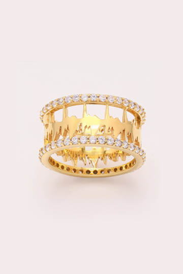 Side view of the Gold Vermeil ring showcasing the intricate heartbeat waveform design and CZ encrusted edges.