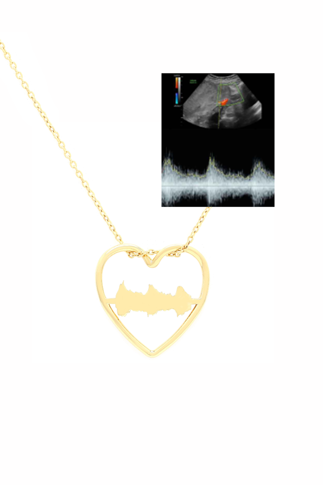 Gold necklace with a heart-shaped pendant on a white background