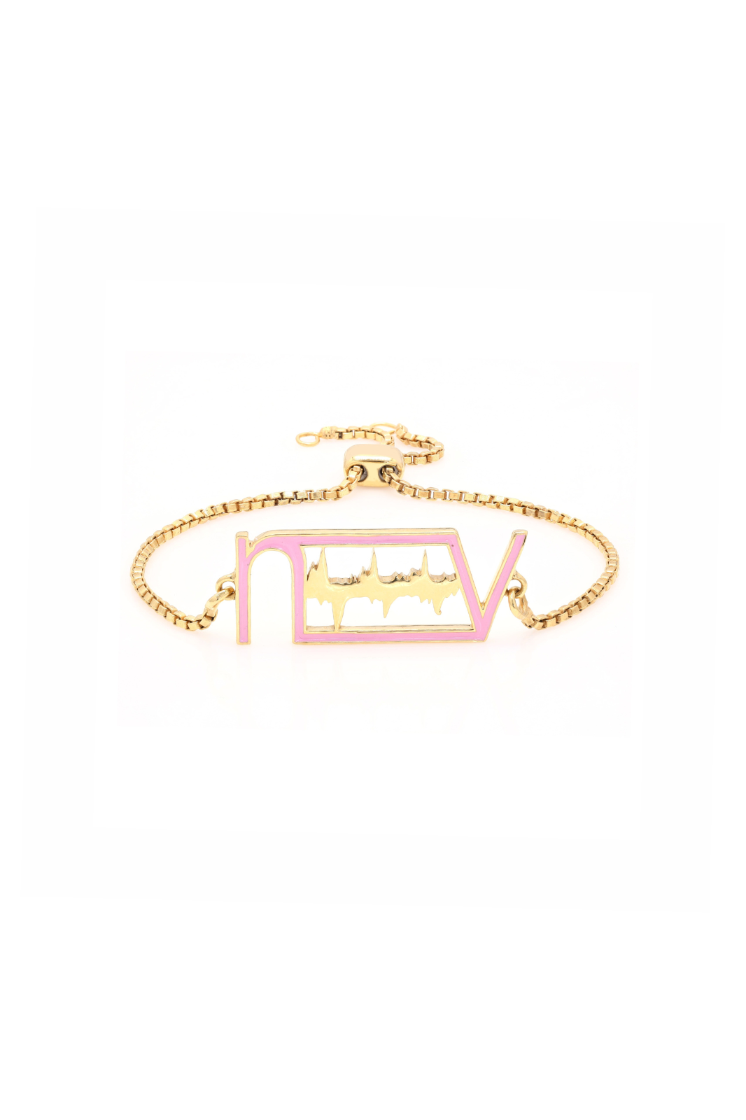 Gold-plated initials link bracelet with a heartbeat design, featuring soft pink enamel for a personalised touch.