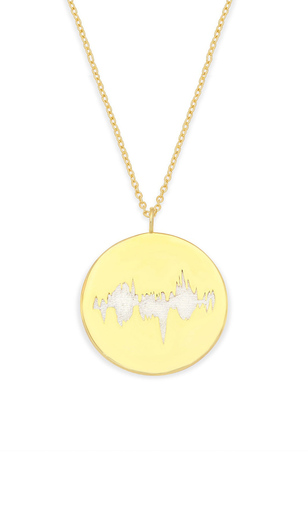 Gold Vermeil round pendant with a baby's heartbeat waveform engraved, paired with a gold chain.