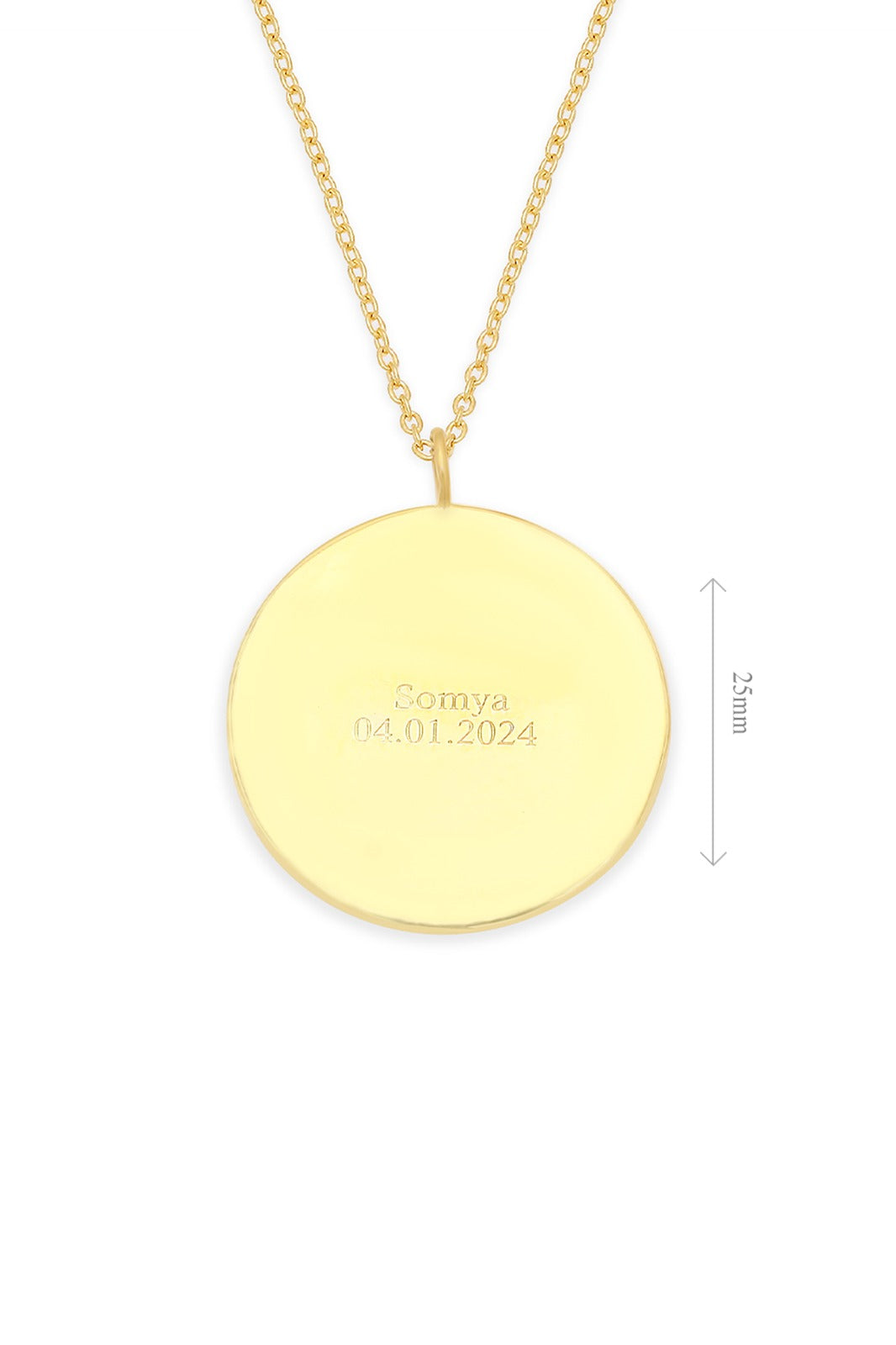 Gold Vermeil round pendant with 'name' engraved, displayed on a delicate gold chain.