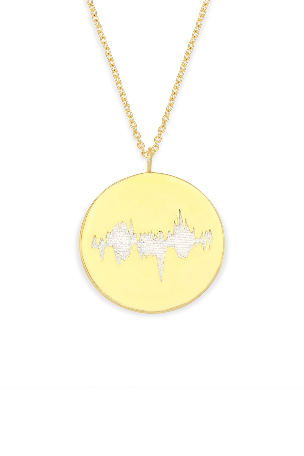 Gold Vermeil round pendant with a baby's heartbeat waveform engraved, paired with a gold chain.