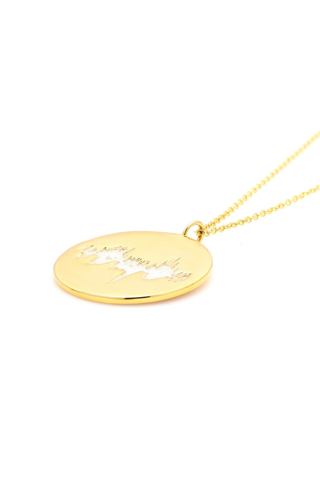 Gold Vermeil round pendant with a baby's heartbeat waveform engraved, paired with a gold chain.