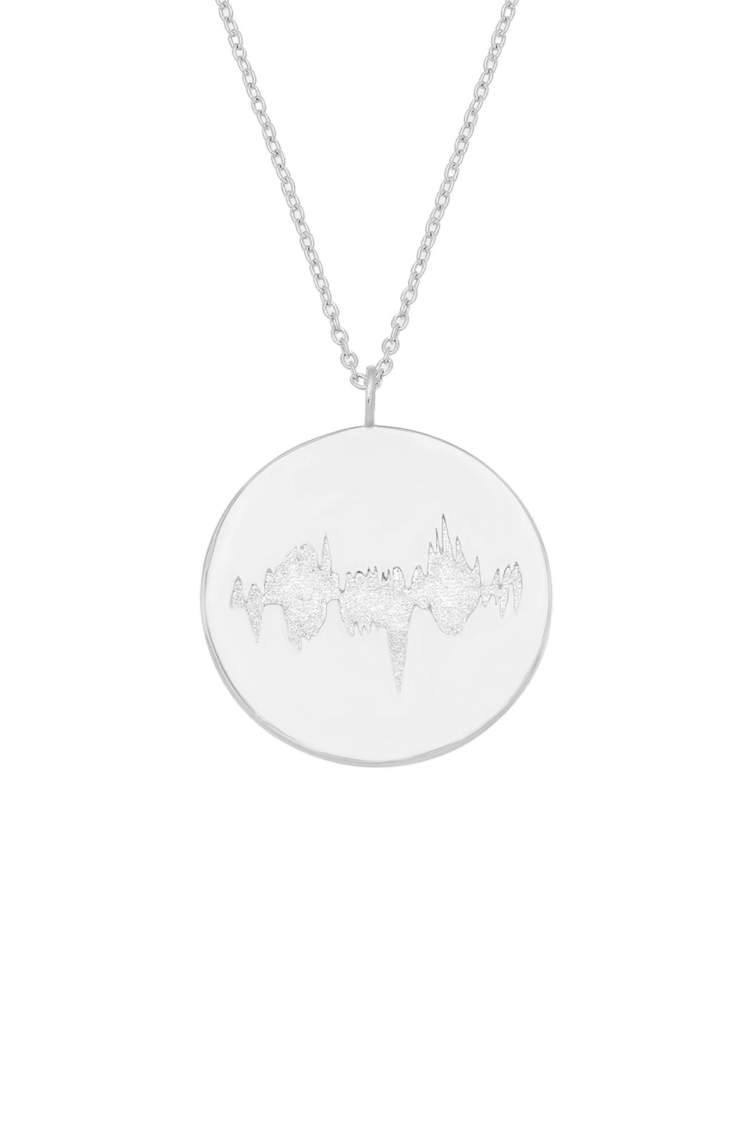 925 Sterling Silver round pendant with a baby's heartbeat waveform engraved, paired with a sleek silver chain.