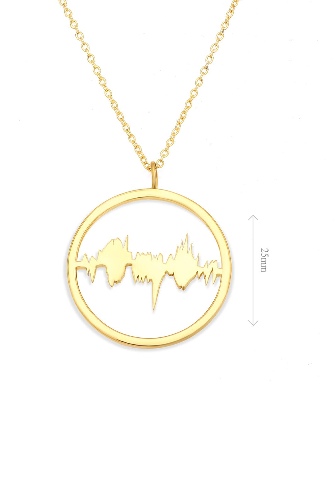 Detailed dimensions of the gold Lubb-Dupp Necklet, crafted with precision to display a baby’s heartbeat in an elegant circular design