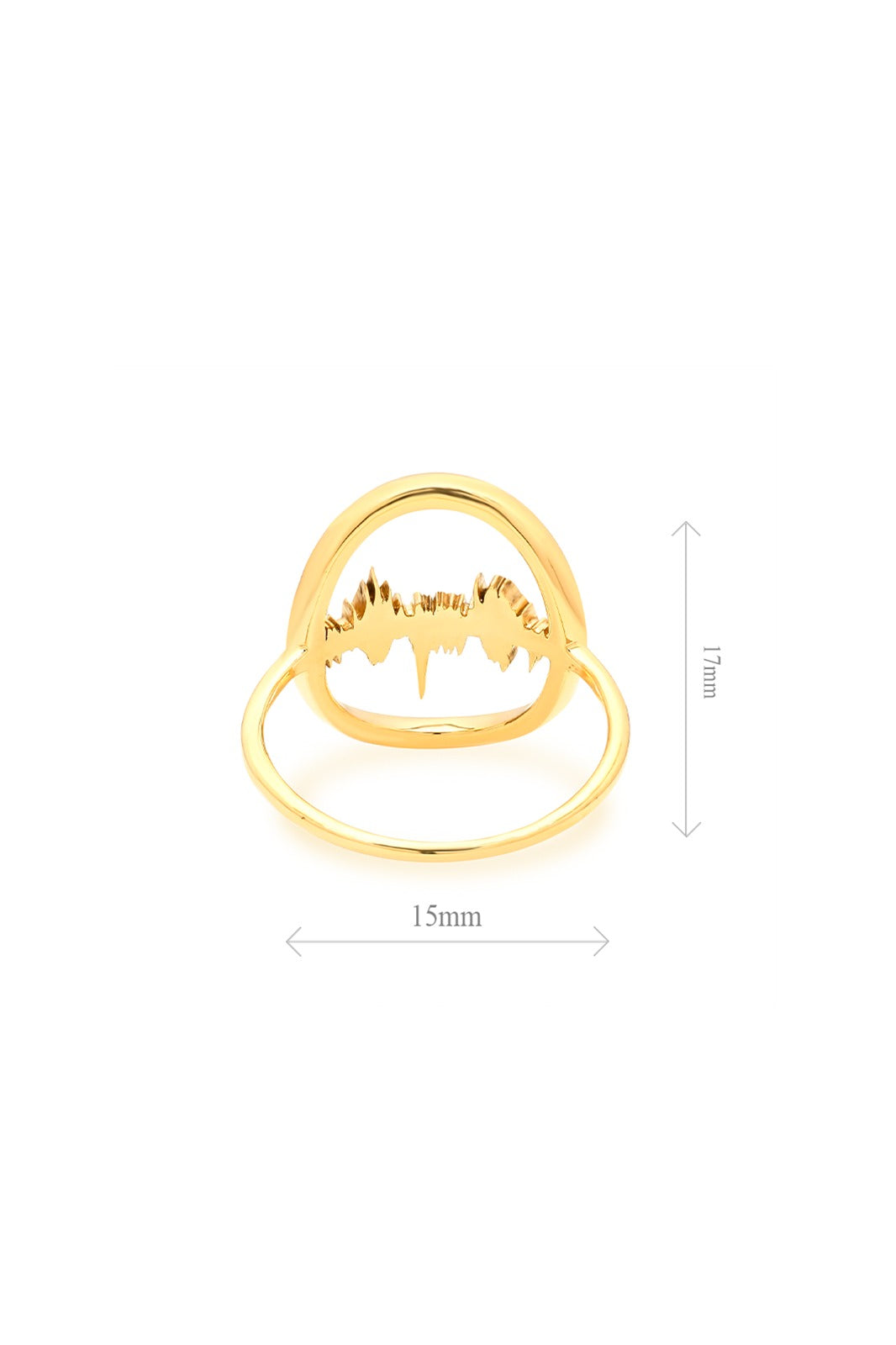 Gold Lubb-Dupp Loop ring with measurements highlighting the detailed heartbeat design in a 15mm circular frame.