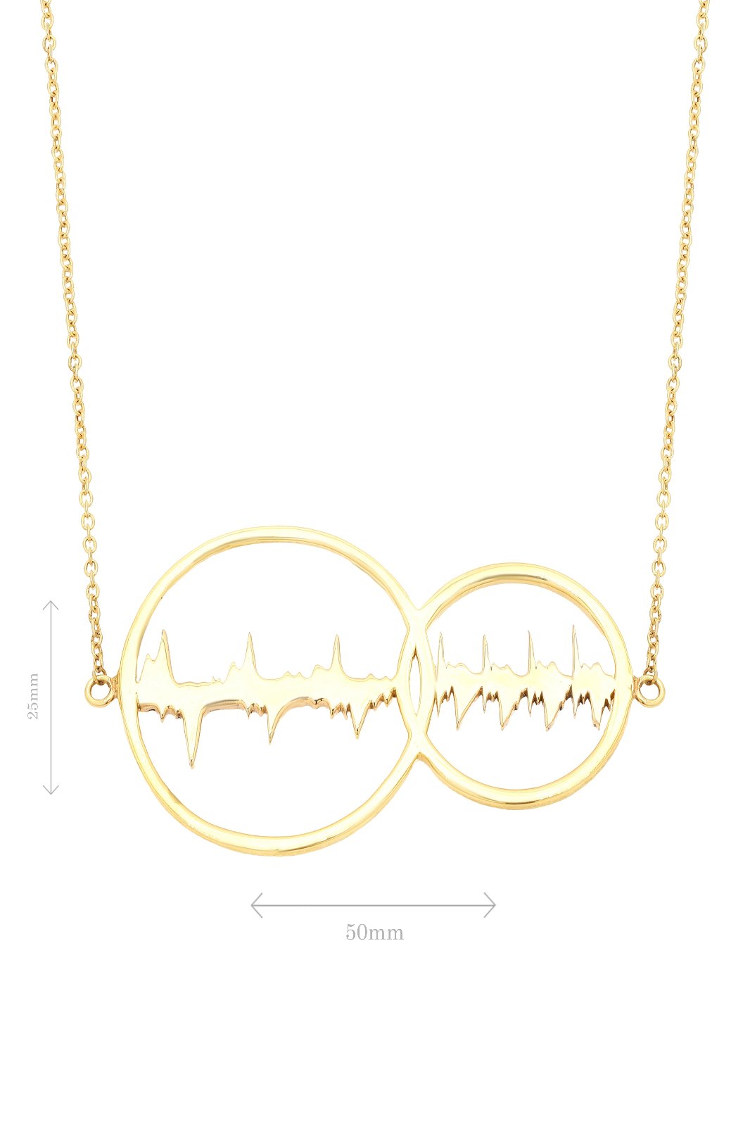 Gold vermeil pendant with dual heartbeat waveforms, displayed with dimensions for a clear view of its size and intricate design.