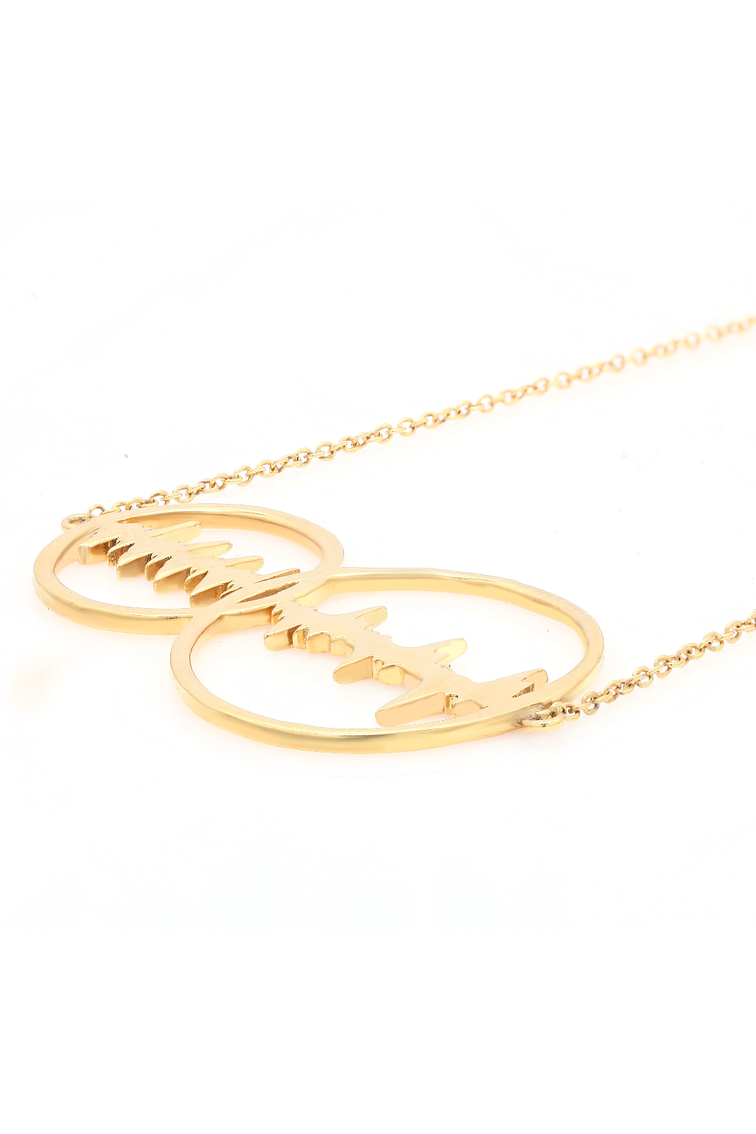 Gold plated pendant with two interlinked circles featuring dual heartbeat waveforms, representing a meaningful connection.