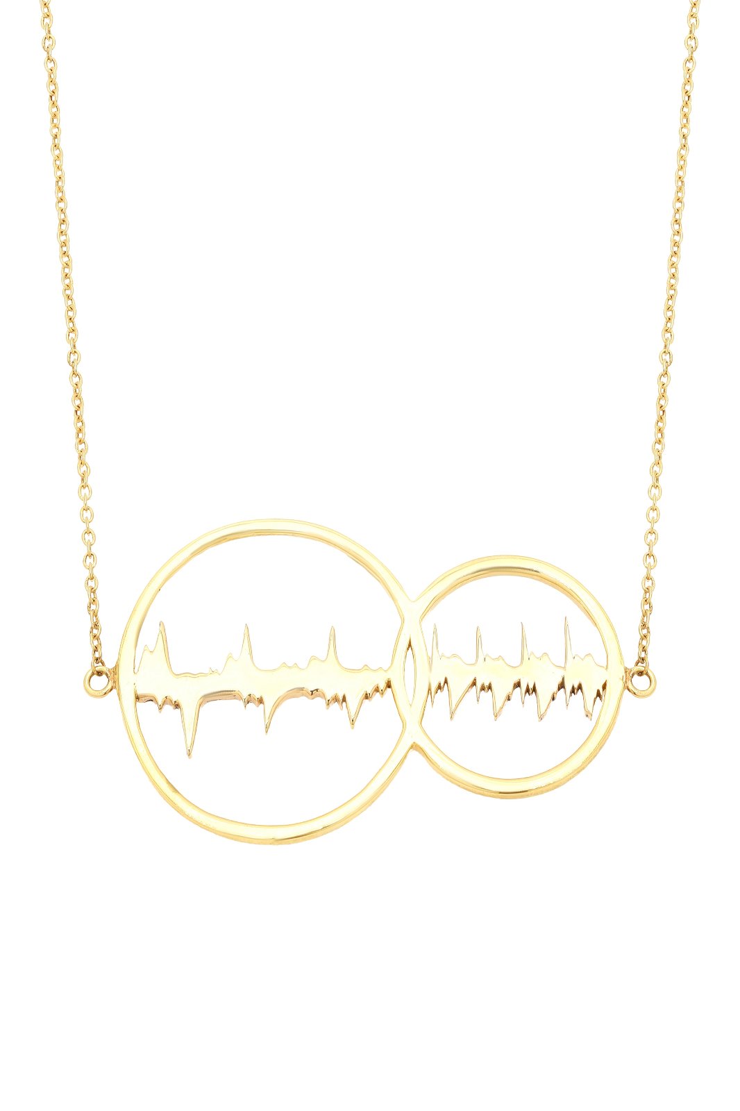 Gold plated pendant with two interlinked circles featuring dual heartbeat waveforms, representing a meaningful connection.