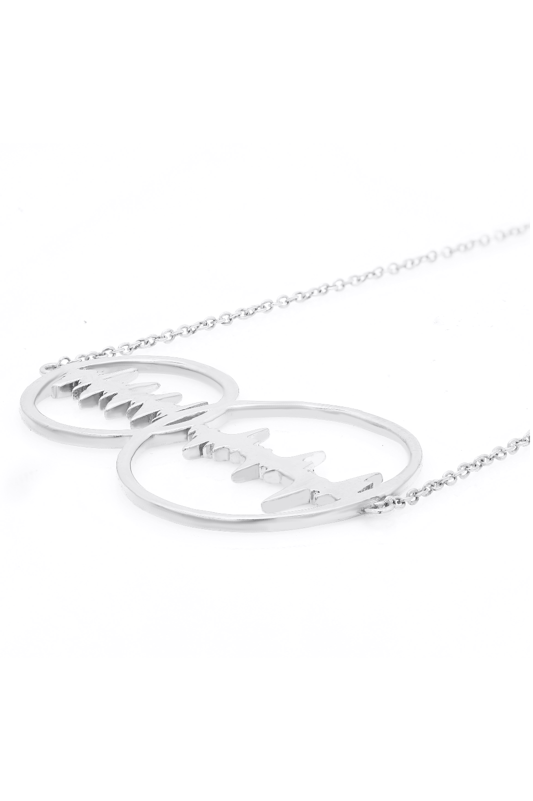 Side view of a 925 Sterling Silver pendant highlighting the intricate dual heartbeat waveforms in its elegant design.